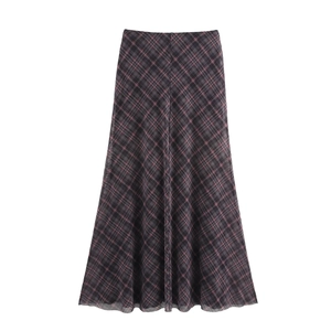 Jupe longue sirène rétro à carreaux en mesh, coupe ajustée et silhouette en A