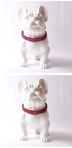 Detail of laser colorful checkered pet collars shown on a white bulldog statue