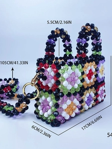 Handmade colorful beaded crossbody bag with woven checkered pattern and gold metal rings