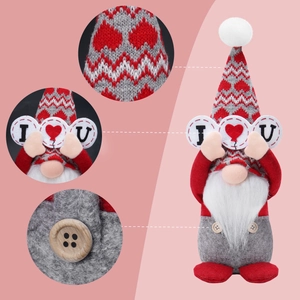 Detail shot of Valentines gnome showing knit hat texture and I Love U heart sign