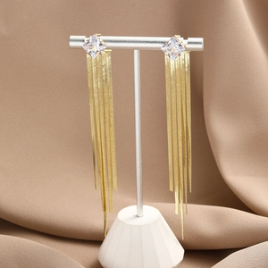 Detail of long gold chain tassel earrings with diamond zircon stud on elegant display