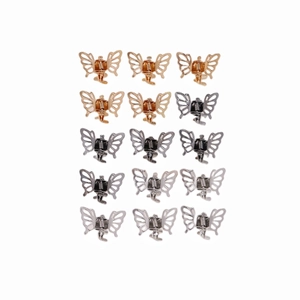 Detailed grid view of butterfly mini metal hair claws in gold, rose gold, silver and black