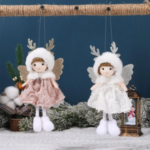 Pink and white fabric Christmas angel ornaments with lace details and glittery antlers