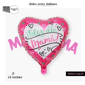 Detail of 18 inch heart-shaped foil balloon with Feliz día Mamá Spanish text for Mother Day
