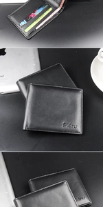 Detailed view of black men's leather wallet with multi-card slots and embossed logo