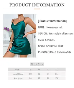 Guide des tailles pour nuisette en satin vert avec mesures détaillées du buste et longueur
