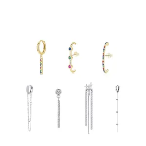 Variety of S925 sterling silver earrings with colorful zircons and long tassels