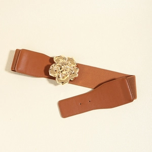 Ceinture corset élastique marron avec grande boucle fleur dorée 3D pour femmes