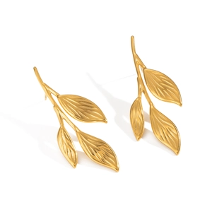 Minimalist 18K gold plated stainless steel leaf earrings with detailed leaf texture