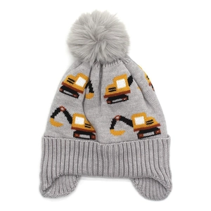Grey kids knitted winter hat with yellow excavator pattern and cozy faux fur pompom