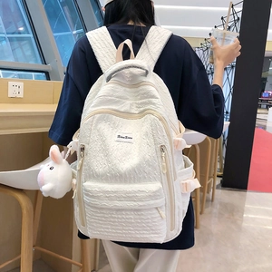 Bubble Cotton Waffle Texture Backpack Large Capacity School Bag For Girls With Rabbit Plush Pendant Casual Travel Daypack
