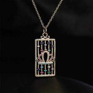18K gold plated copper cage pendant necklace with crown and colorful zircon stones