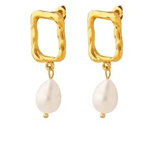 Irregular Geometric Drop Earrings Titanium Steel 18K Gold Plated Freshwater Pearl Vintage Baroque Jewelry Women