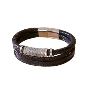 Multi-layer black braided leather bracelet with silver magnetic clasp and textured metal beads
