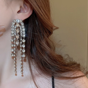 Close-up of silver long tassel earrings with layered rhinestone drop fringe detail