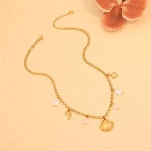 Double layer stainless steel necklace with turquoise beads, seahorse and shell pendants