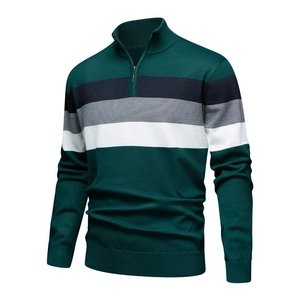 Close-up of dark green men's sweater with horizontal stripes and half-zip stand collar
