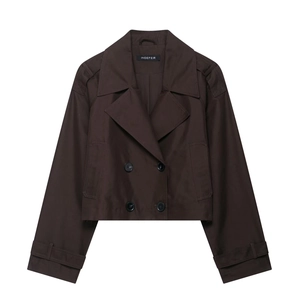 Women's short double-breasted trench jacket with lapel collar in dark brown color