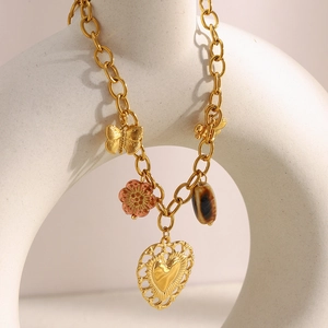18K gold plated stainless steel chunky chain necklace with butterfly and heart charms