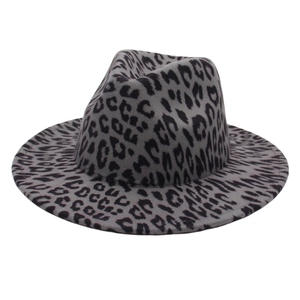 Classic French grey leopard print fedora hat with wide brim and stylish felt finish