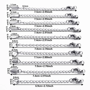 Detailed size chart for silver stainless steel necklace extension chains with charms