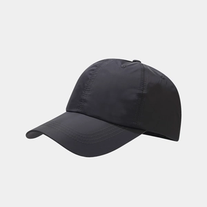 Detail view of black breathable quick-dry baseball cap with six-panel stitching design