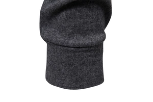 Close-up of the dark grey ribbed cuff showing premium knit texture and stitching detail