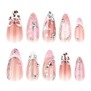 Pink gradient almond press-on nails with 3D bows, leopard print, and rhinestone details