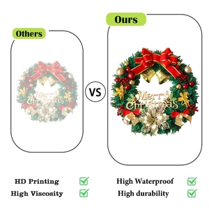 Macro detail of Merry Christmas window sticker with high-definition pine and bow textures