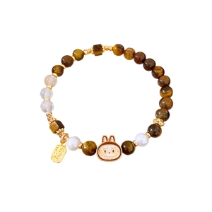 Bracciale elastico con perline occhio di tigre, ciondolo a coniglio e oro