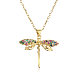 18K gold plated dragonfly pendant necklace with multicolored cubic zirconia crystals
