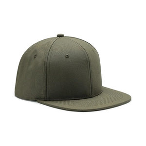 Olive green flat brim baseball cap with subtle paisley pattern and six-panel structure