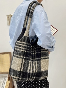Large plush black and white plaid tote bag for women with soft faux fur texture
