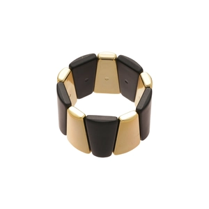 Modern black acrylic and gold metal wide elastic bracelet with geometric trapezoid design