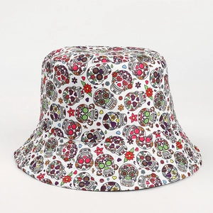Detailed close-up of a white bucket hat featuring colorful skull and floral print designs