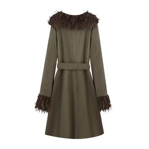 Army green double-breasted trench coat with faux fur collar and waist belt, back view