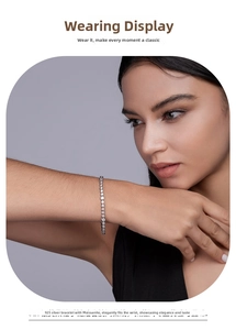 Classic 925 sterling silver tennis bracelet with round-cut moissanite worn by a model