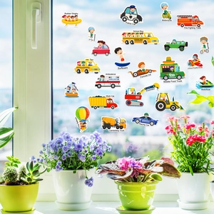Kids reusable traffic theme jelly stickers on window glass featuring school bus and police car