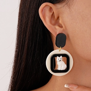 Cartoon dog acrylic geometric earrings in black and white finish for a modern look