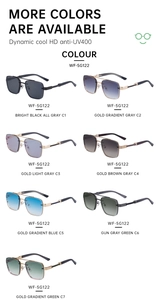 Detailed catalog showing seven colors of square frame vintage metal sunglasses for men