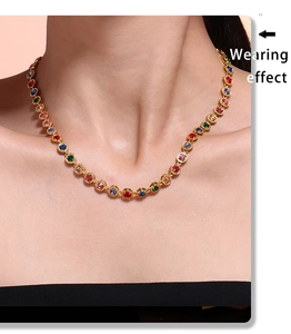 Wearing effect of golden necklace with colorful round cut 3A zirconia crystals
