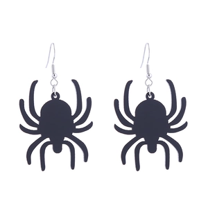 Detailed close-up of spooky black acrylic spider earrings with silver metal hooks for Halloween