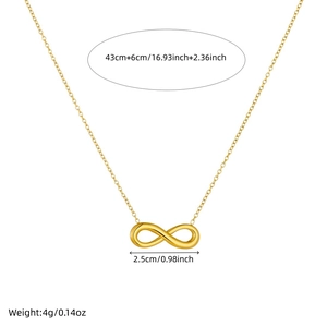 Minimalist gold-plated stainless steel infinity symbol necklace with 43cm chain and dimensions