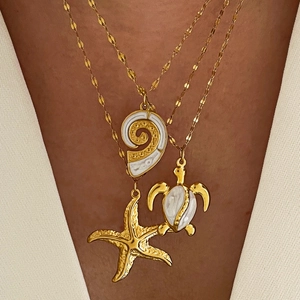 Ocean Sea Turtle Starfish Shell Pendant Necklace Stainless Steel Gold Plated Minimalist Beach Vacation Jewelry Women