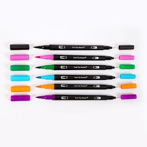 6-color dual tip watercolor marker set with brush and fine tips on white background