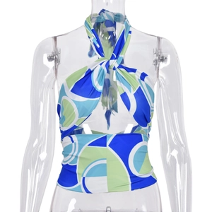 Women's halter neck backless crop top with blue and green geometric abstract print