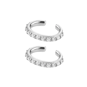 Close-up of silver-tone ear cuffs featuring sparkling pavé cubic zirconia settings