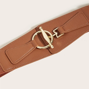 Fashionable brown wide waist belt with golden metal buckle for coats and dresses