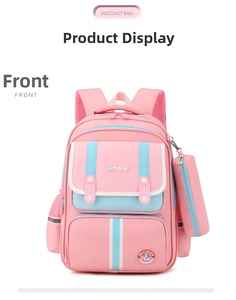 Front view of pink and blue waterproof school backpack with matching pencil case for kids