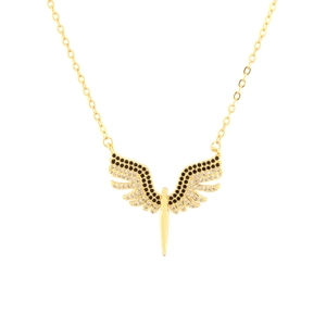 Golden angel wing necklace with black and white pavé zircon stones on O-chain